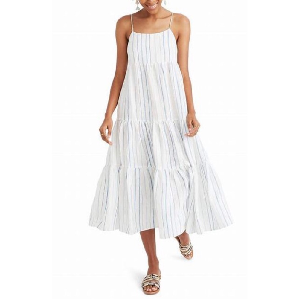 Madewell linen white/blue striped tiered dress sz. 8